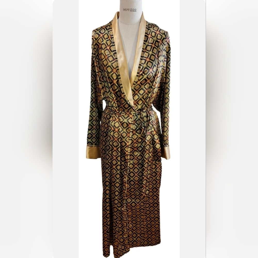 Victoria Secret Vintage Long Gold Belted Robe One Size Black & Gold‎